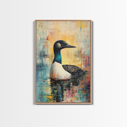 Loon Painting, bird art, blue and green wall art, moody art, gift idea for him, rustic decor, Framed Canvas Print, above couch art