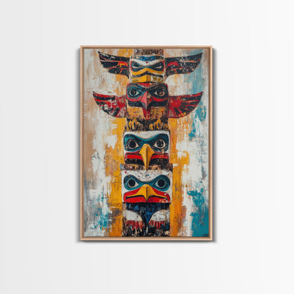 Totem Pole Art Framed Canvas Print Rustic Wall Decor Native American Art Tribal Home Decor Lodge Artwork Cabin Wall Art Southwest Boho