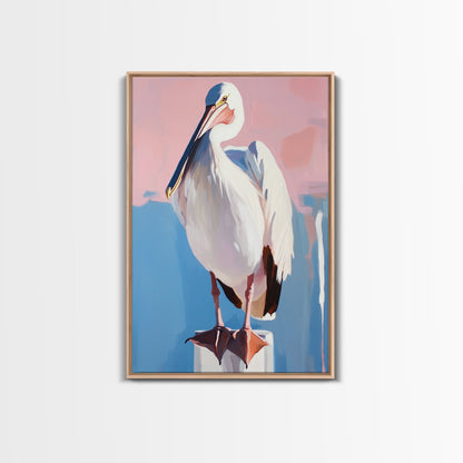 White Pelican, Coastal, Bird Art, Pastel, Beach House, Nature, Wildlife, Serenity, Aesthetic, Light Blue, Living Room, Canvas Print