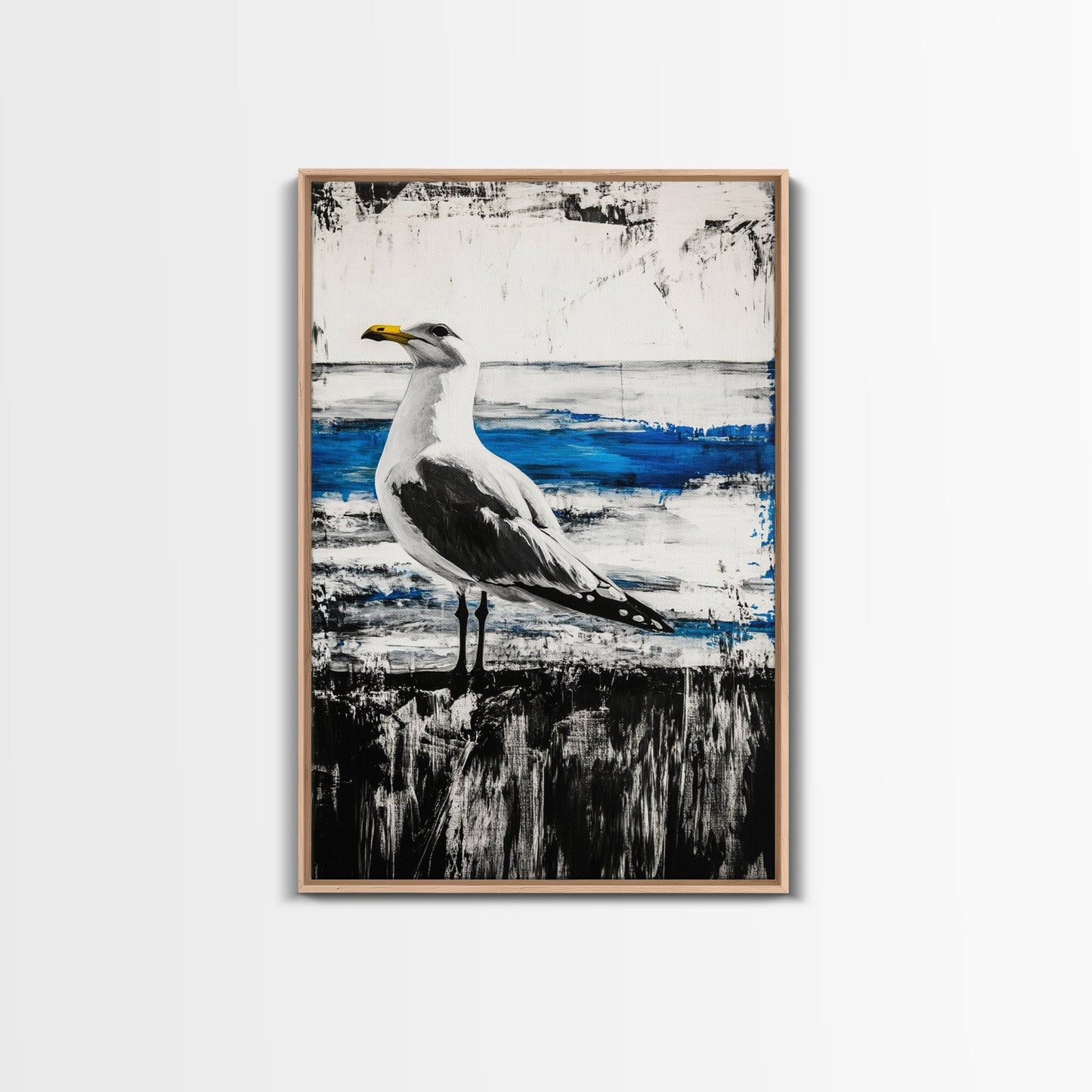 Seagull Painting, Coastal Bird Art, Ocean Wall Decor, Nautical Home Art, Blue and White Theme, Framed Canvas Print, Beach House Decor