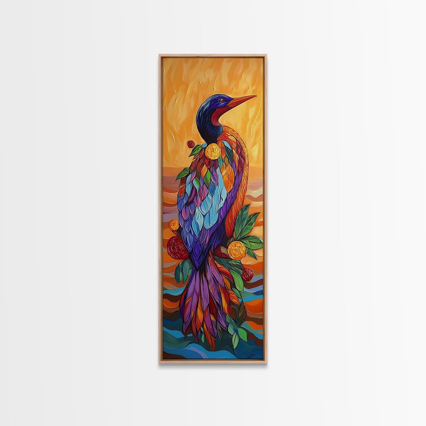 Bird, Colorful, Floral, Elegant, Framed Canvas Print exotic bird painting living room wall art bold colorful feathers tropical boho art