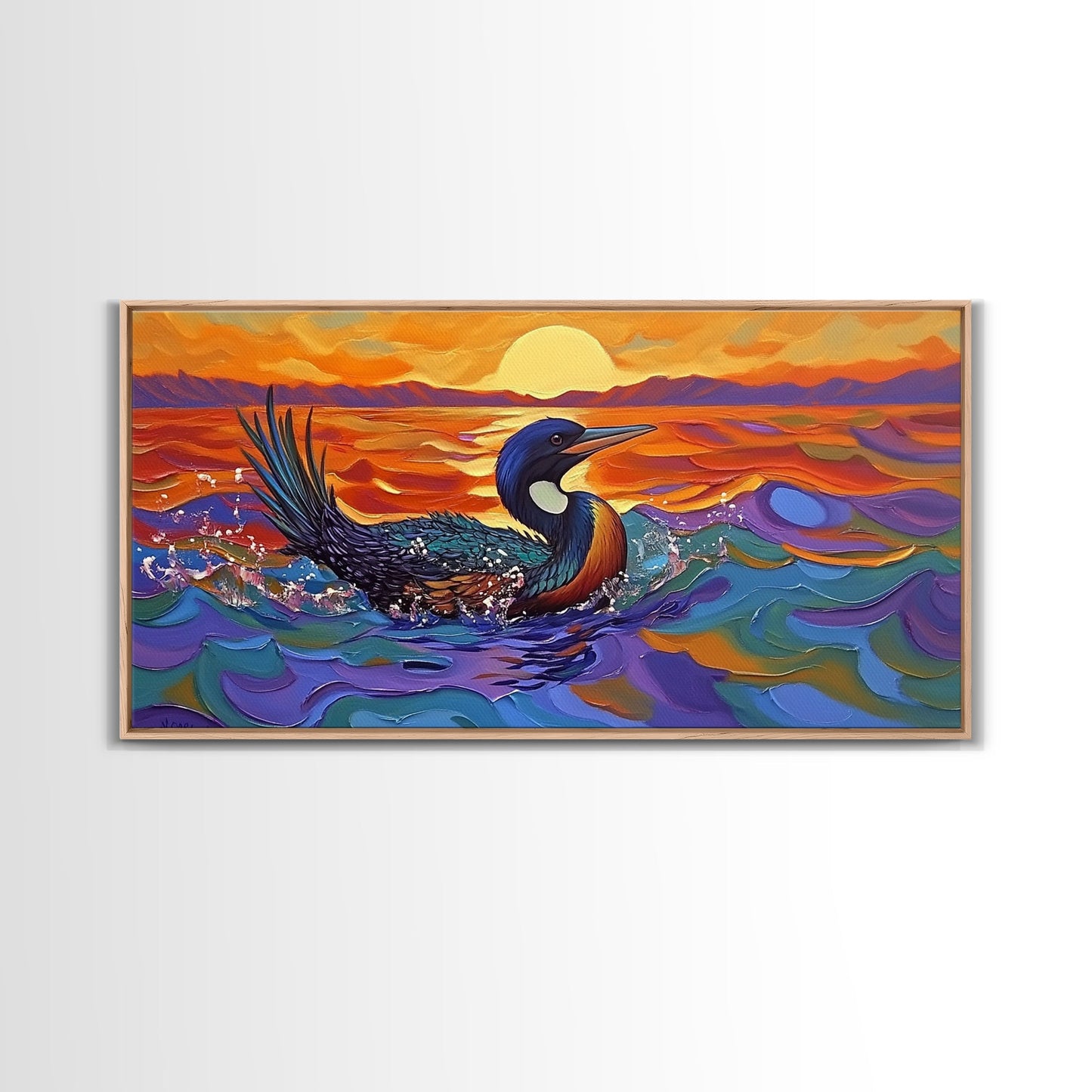 Sunset Loon, Splash, Painting, Framed Canvas Print lakehouse wall art, coastal bathroom decor, vibrant nature print, ocean artwork
