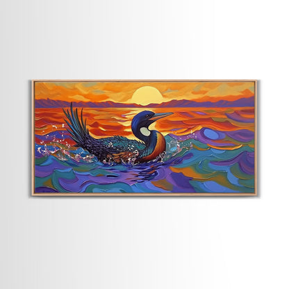 Sunset Loon, Splash, Painting, Framed Canvas Print lakehouse wall art, coastal bathroom decor, vibrant nature print, ocean artwork