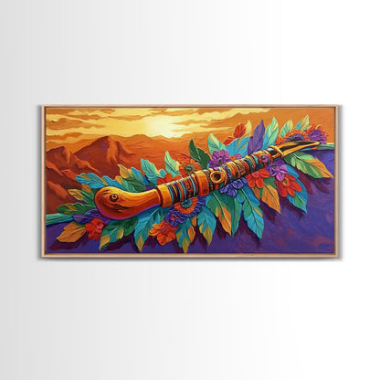 Native Flute, Flowers, Sunset, Framed Canvas Print, Spiritual Native American flute art with flowers and mountains, Boho Wall Art