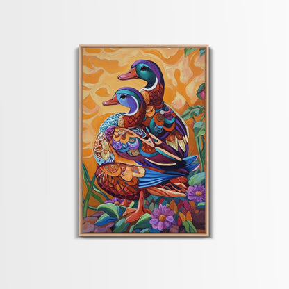 Ducks Colorful, Whimsical, Pair, Framed Canvas Print, Animal couple wall art, farmhouse nursery artwork, folk style bird painting