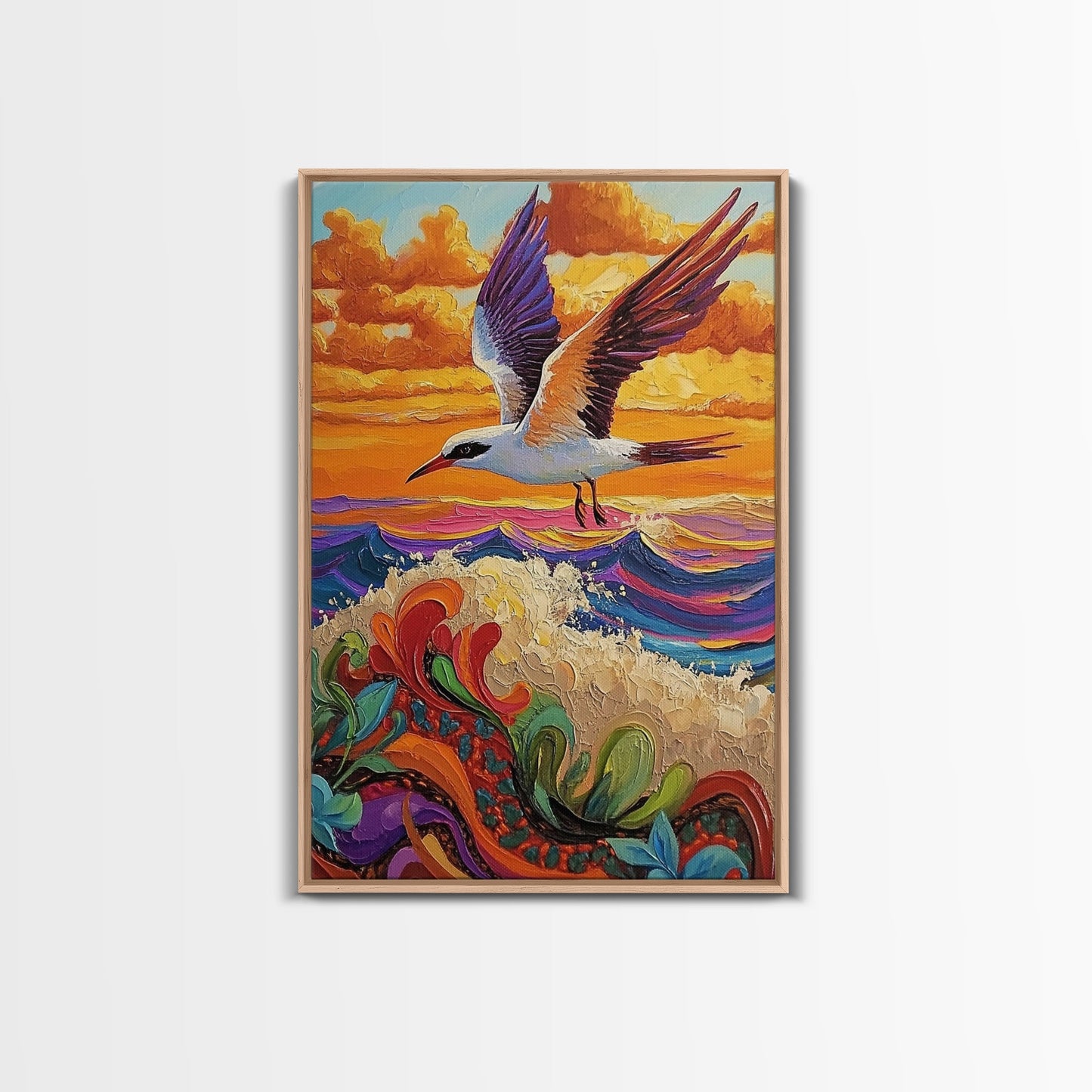 Flying Bird Sunset, Colorful Ocean Waves, Tropical Wildlife Art, Canvas Print, Boho Nature Decor, Fall Wall Accent, Vibrant Scene