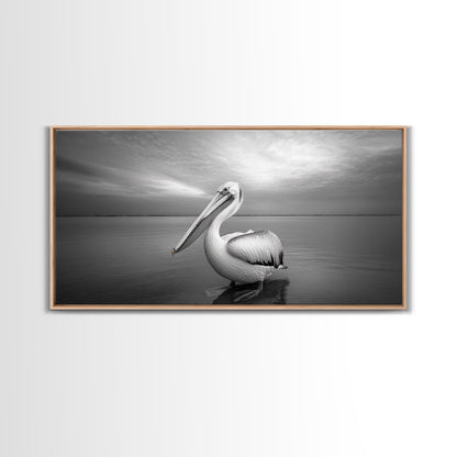 Ocean Pelican, Peaceful Bird Portrait, Coastal Wildlife Art, Framed Canvas Print, Minimalist Entryway or Beach House Wall Art
