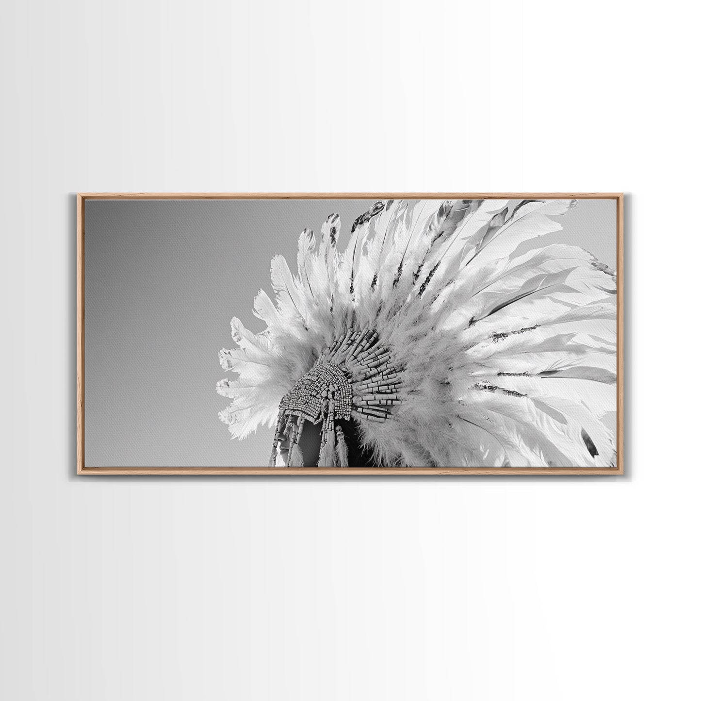 Native Headdress, Feather Crown, Cultural Tribute, Canvas Print, Boho Tribal Decor, Bedroom Wall Art, Monochrome Indigenous Style