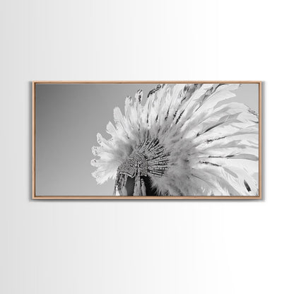 Native Headdress, Feather Crown, Cultural Tribute, Canvas Print, Boho Tribal Decor, Bedroom Wall Art, Monochrome Indigenous Style
