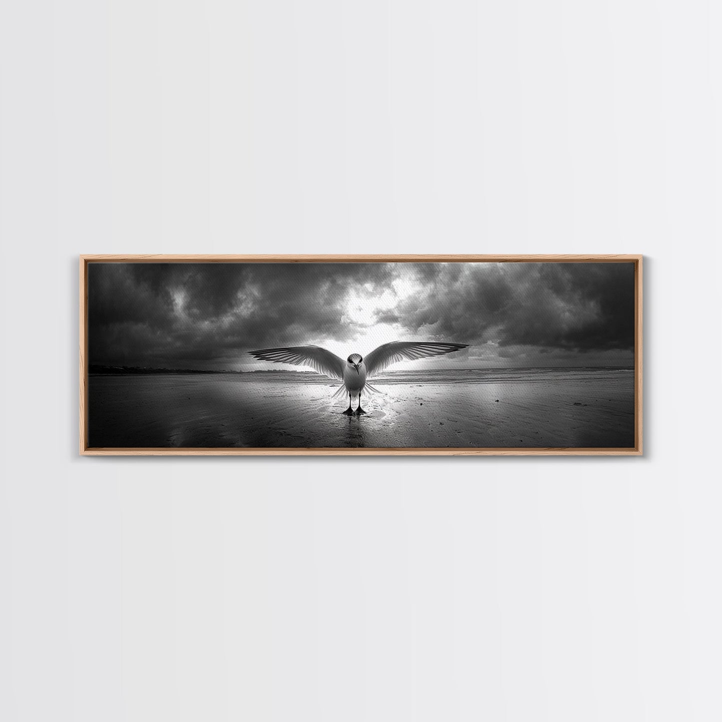 Winged Bird Beach, Coastal Sunrise, Dramatic Flight, Canvas Print, Beach House Decor, Living Room Wall Art, Nature Photography