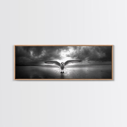 Winged Bird Beach, Coastal Sunrise, Dramatic Flight, Canvas Print, Beach House Decor, Living Room Wall Art, Nature Photography