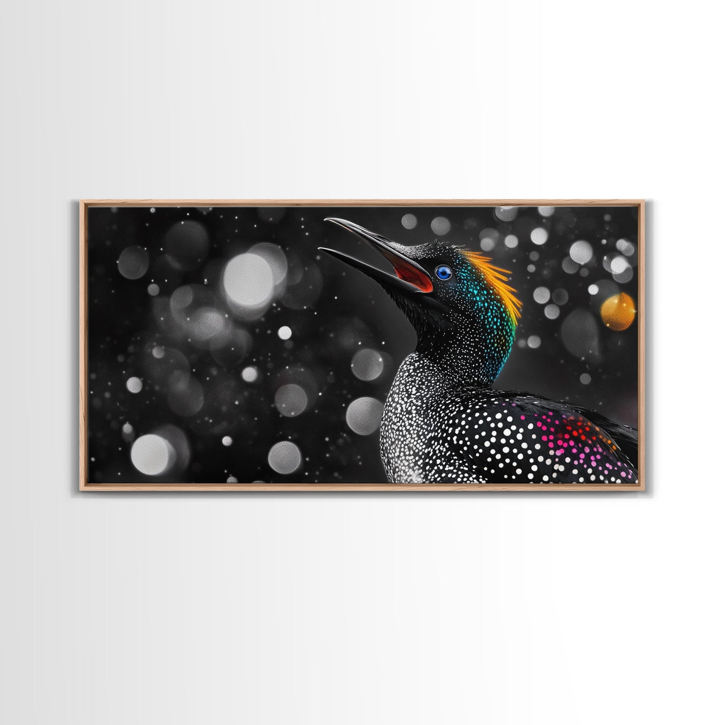Singing Bird, Neon Plumage, Colorful Sparkle, Starry Night, Framed Canvas Print, Eclectic Art, Office Wall Art, Bright Animal Design