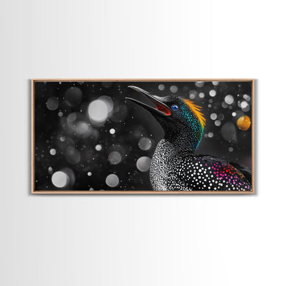 Singing Bird, Neon Plumage, Colorful Sparkle, Starry Night, Framed Canvas Print, Eclectic Art, Office Wall Art, Bright Animal Design