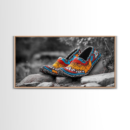 Native Beaded Shoes, Color Pop, Bohemian Style, Tribal Art, Framed Canvas Print, Rustic Wall Art, Entryway Decor, Ethnic Home Accent