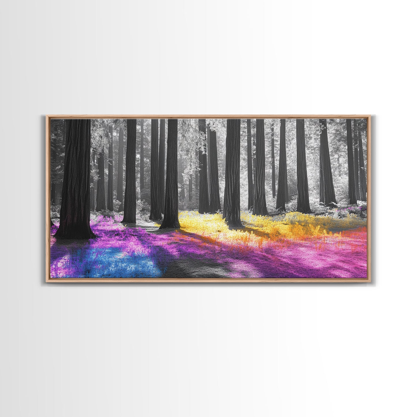 Rainbow Forest, Enchanted Woods, Dreamscape Landscape, Fantasy Nature, Framed Canvas Print whimsical nursery art, boho bedroom wall art