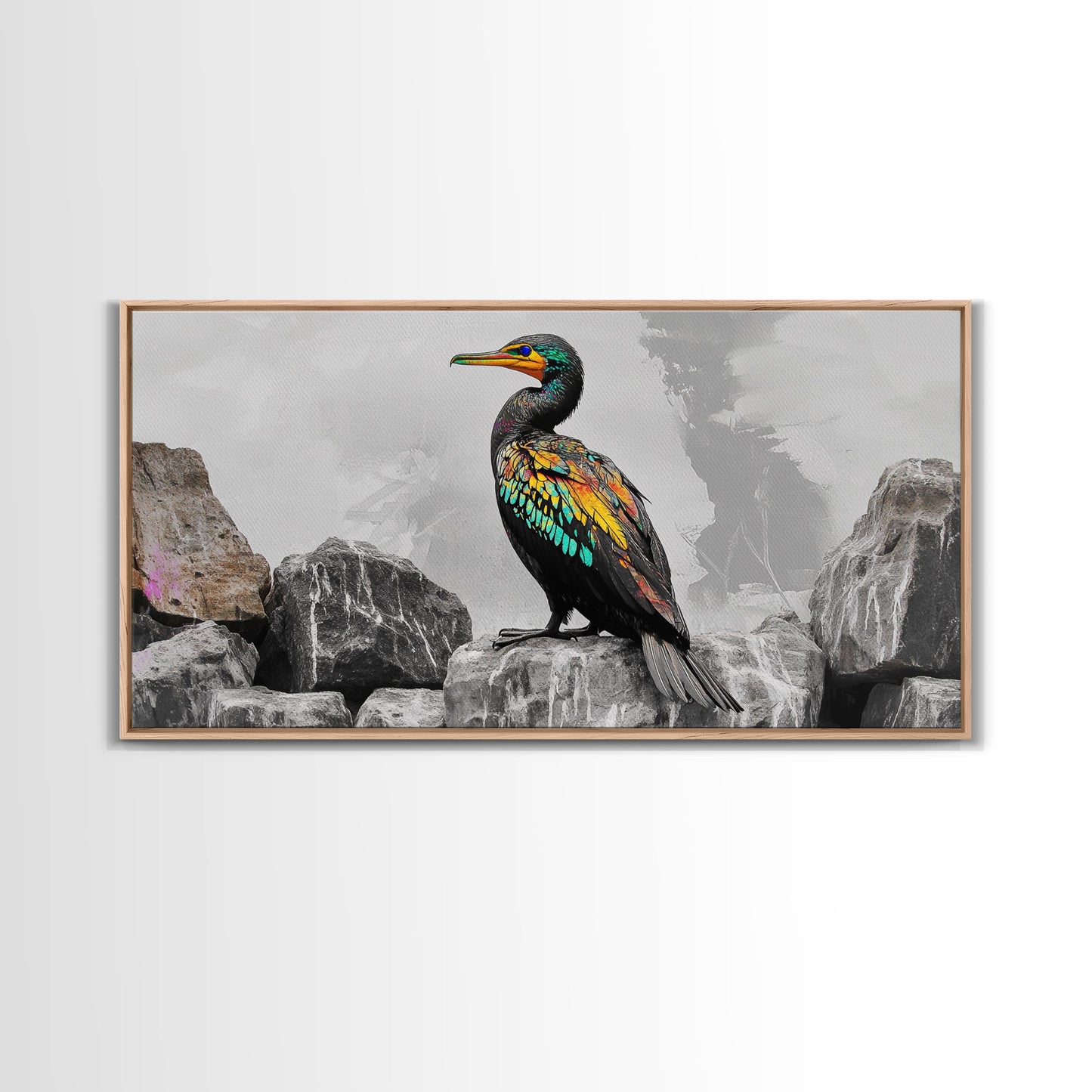 Vibrant Sea Bird, Colorful Wildlife Perch, Artistic Bird Feathers, Framed Canvas Print, Nature Wall Art, Office Decor, Boho Animal Style