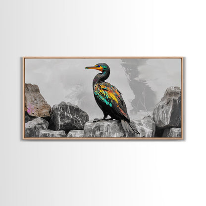 Vibrant Sea Bird, Colorful Wildlife Perch, Artistic Bird Feathers, Framed Canvas Print, Nature Wall Art, Office Decor, Boho Animal Style