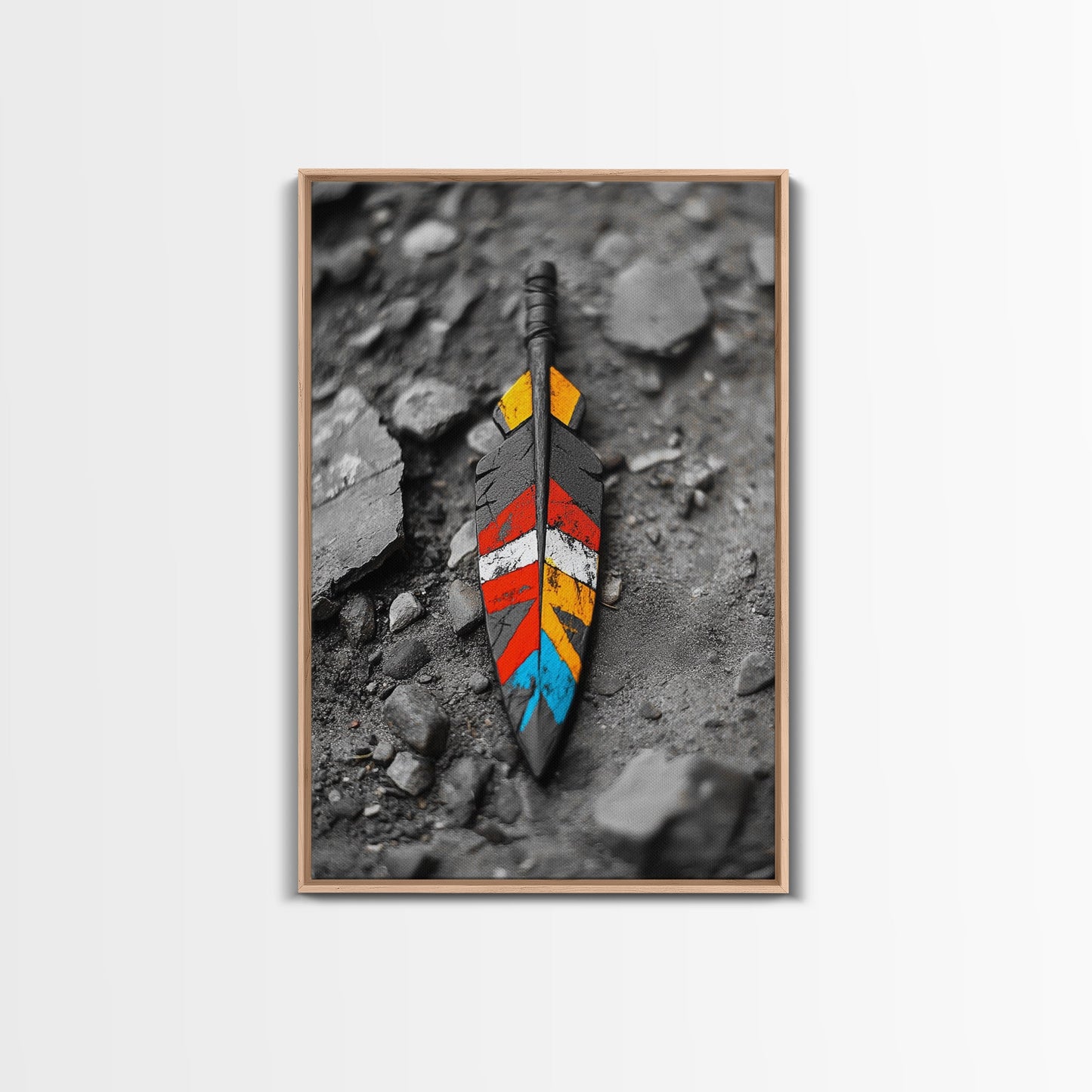 Tribal Feather, Painted Arrow, Rustic Stone Ground, Canvas Print, Boho Wall Art, Native Inspired Decor, Color Pop Rustic Style