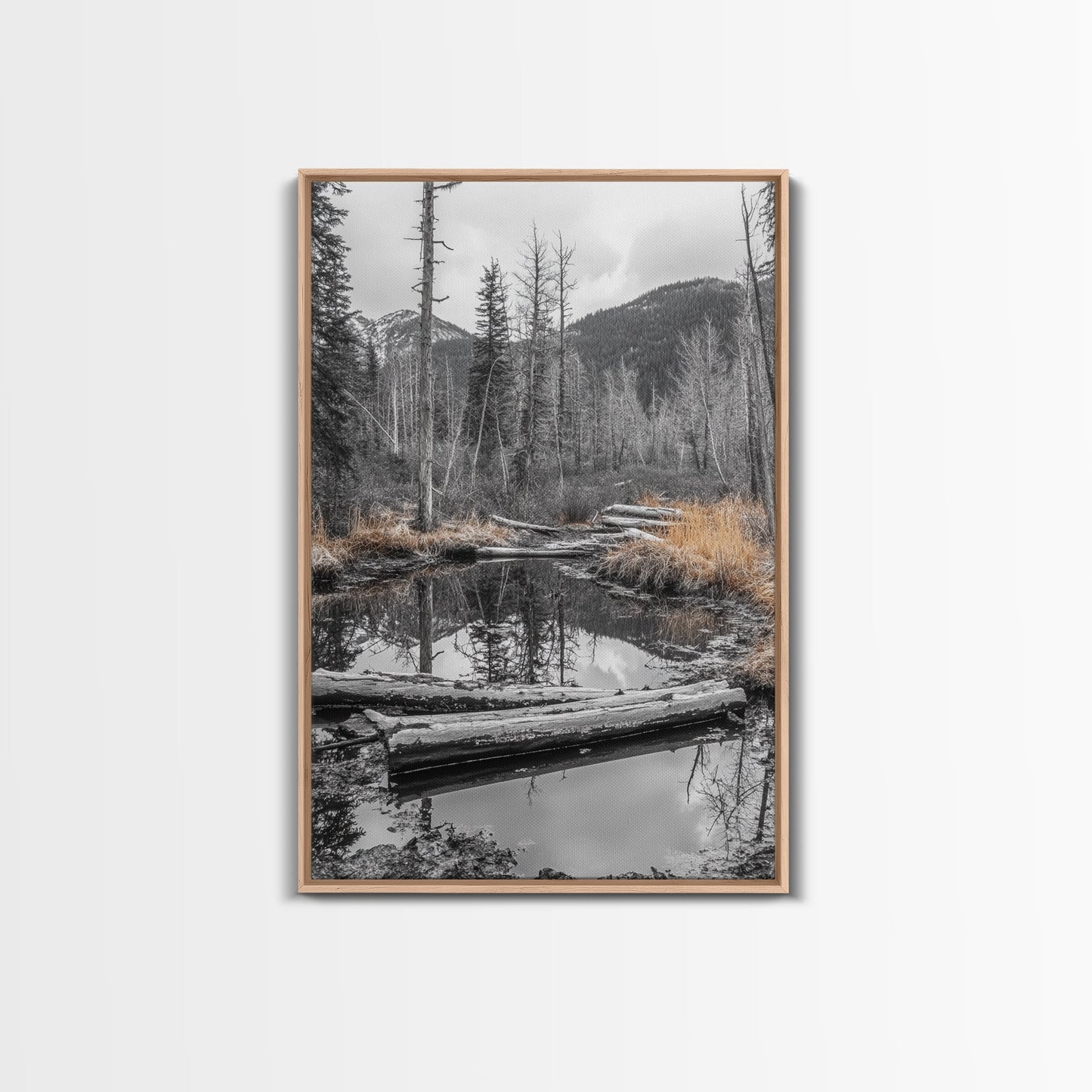 Forest Pond, Moody Woods, Black and White, Autumn Grass, Framed Canvas Print rustic cabin art, nature wall decor, woodland living room art