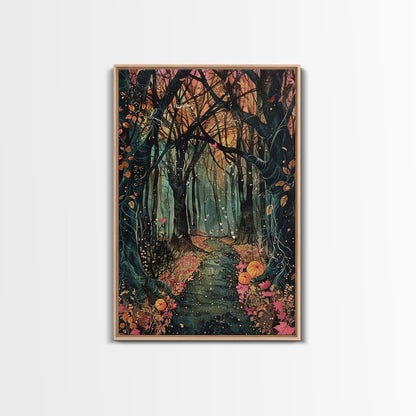 Haunted Pathway Through the Woods Framed Canvas Print, Spooky Forest Art, Halloween Night Scene, Mysterious Path Decor, Framed Canvas Print