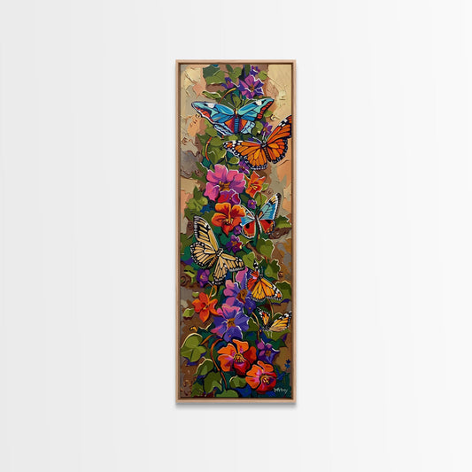 Colorful Abstract Framed Butterfly Canvas Art, Gouache Style Painting, Botanical Wall Art, Oversized Long Narrow Wall Art for Bedroom
