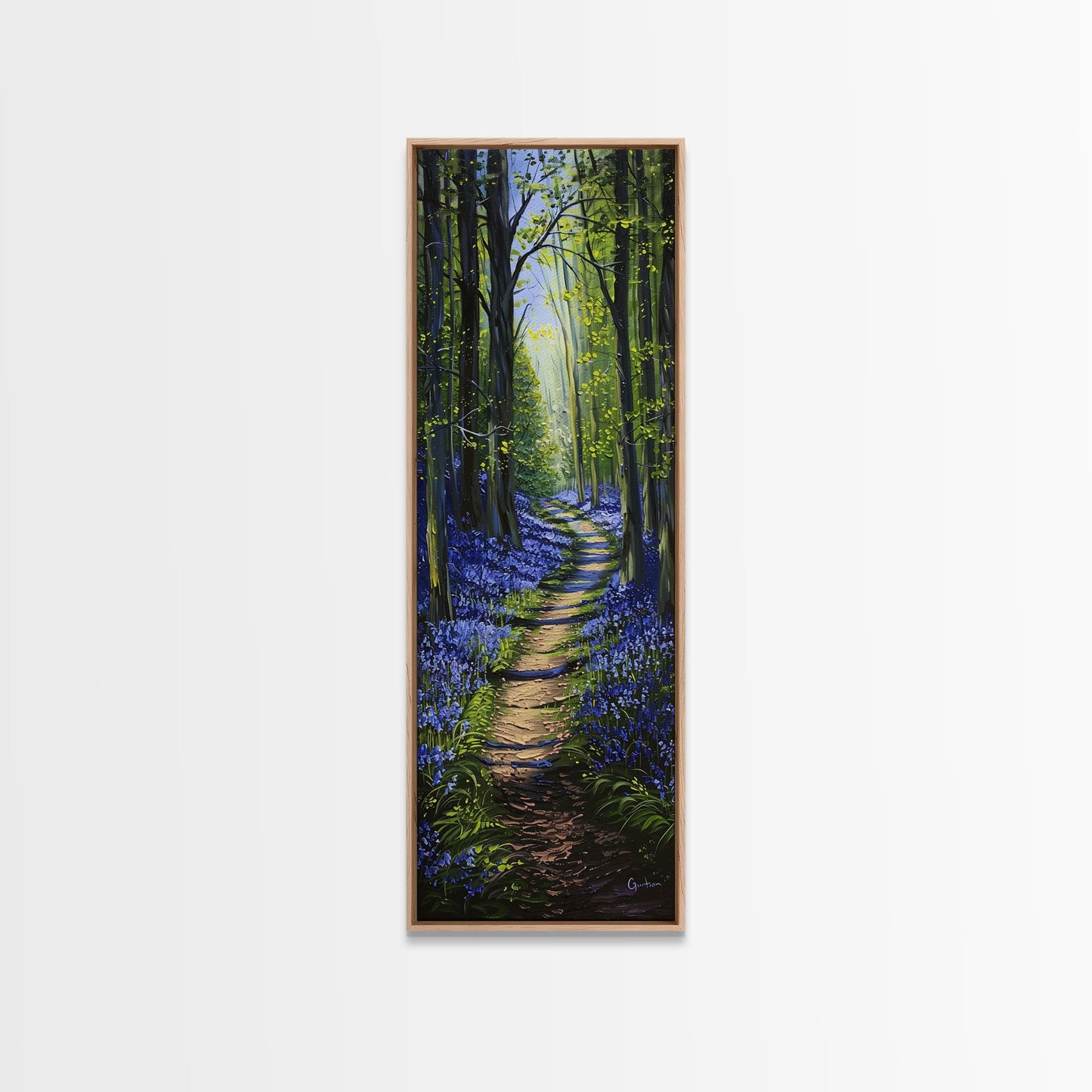 Pathway Through Enchanting Bluebell Woods in Tall Skinny Art Framed Canvas Print for Peaceful Wall Decor and Interior Design