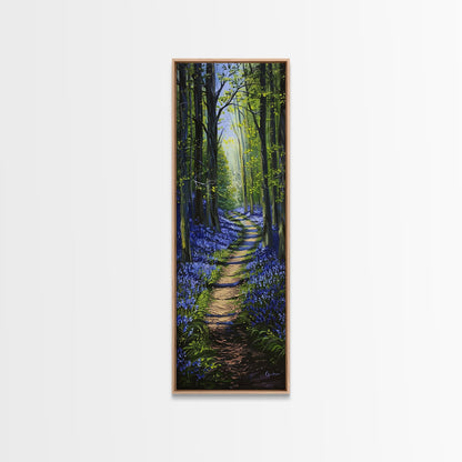 Pathway Through Enchanting Bluebell Woods in Tall Skinny Art Framed Canvas Print for Peaceful Wall Decor and Interior Design