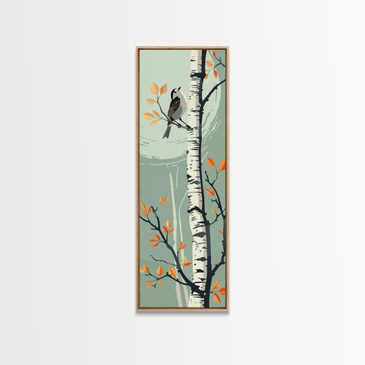 Skinny Art Bird On Birch Tree In Japanese Style Wood Block Print Autumn Tones On Framed Canvas Print, Tall Art Ukiyo-e
