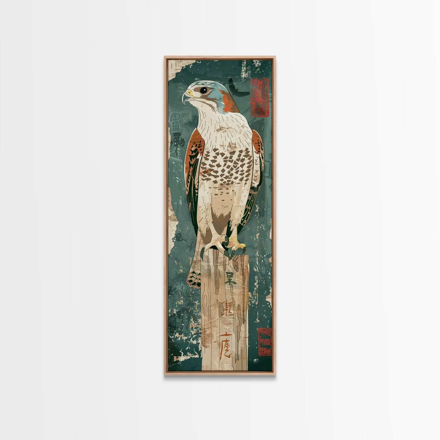 Majestic Hawk Perched On Weathered Stump Textured Background Skinny Art Tall Art Framed Canvas Print Japanese Style Art Ukiyo-e Art Wood Block Print