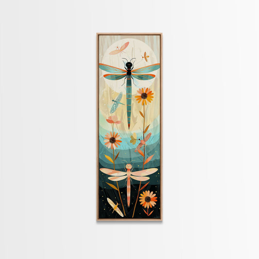 Dragonfly Gathering Night Glow Vibrant Colors Skinny Art Tall Art Framed Canvas Print Japanese Style Art Ukiyo-e Art Wood Block Print Insect Art
