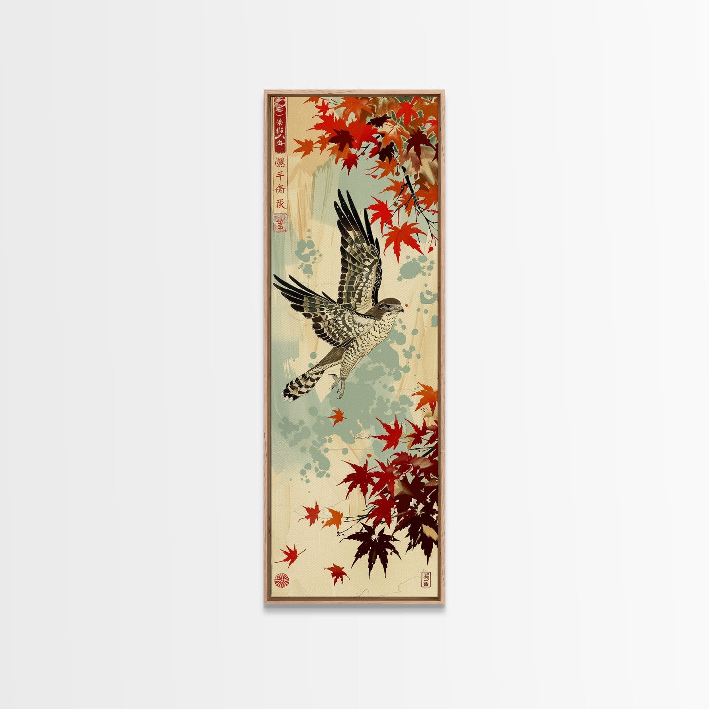 Hawk In Flight Among Red Maple Leaves Tall Art Skinny Art Framed Canvas Print Japanese Style Art Ukiyo-e Wood Block Print