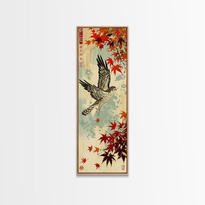 Hawk In Flight Among Red Maple Leaves Tall Art Skinny Art Framed Canvas Print Japanese Style Art Ukiyo-e Wood Block Print