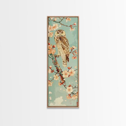 Owl Cherry Blossom Tree Traditional Japanese Tall Wall Art Skinny Framed Canvas Print Ukiyo-e Style