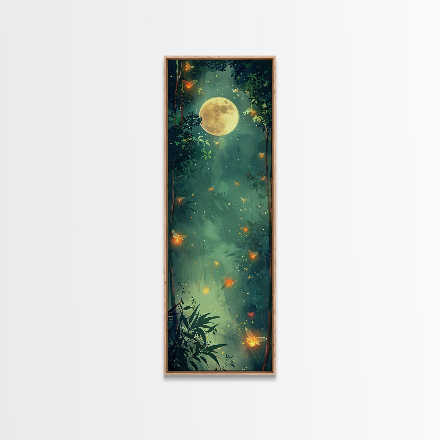 Enchanting Fireflies Illuminating Nighttime Forest Scene Under Full Moon Tall Framed Canvas Print Adding Magical Touch
