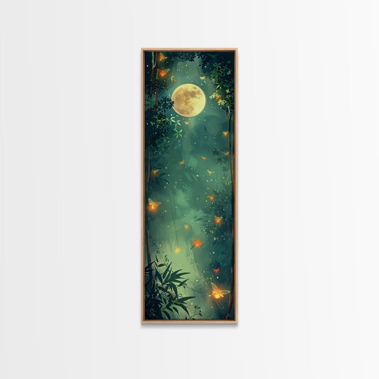 Enchanting Fireflies Illuminating Nighttime Forest Scene Under Full Moon Tall Framed Canvas Print Adding Magical Touch