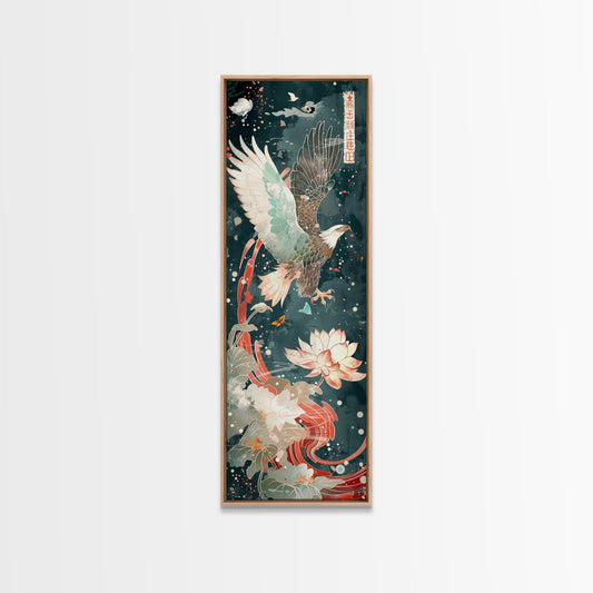 Majestic Eagle Japanese Art Skinny Wall Art Framed Canvas Print Soaring Above Lotus Flowers in Serene Water Scene