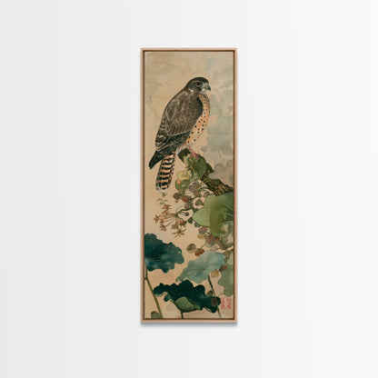 Majestic Hawk Perched Among Verdant Foliage Ukiyo-e Tall Skinny Wood Block Framed Canvas Print Japanese Style Art