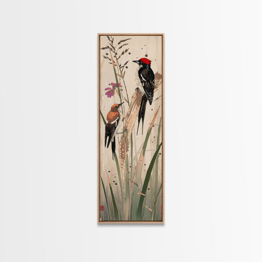 Detailed Woodpeckers Perched On Stems Amid Nature For Rustic Wall Art Ukiyo-e Japanese Style Art Skinny Framed Canvas Print