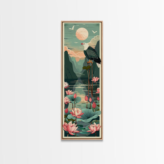 Majestic Eagle Over Lotus Pond Skinny Art Tall Art Japanese Ukiyo-e Inspired Nature Framed Canvas Print for Home and Office