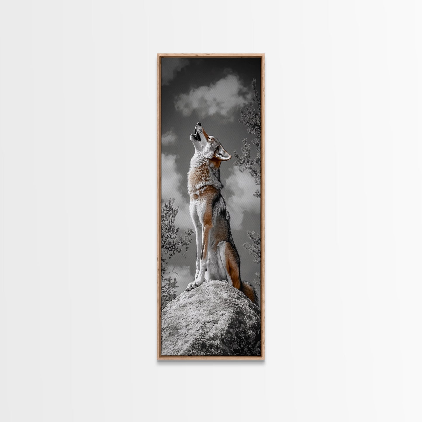 Howling Coyote on Rock Framed Canvas Print | Rustic Western Wall Art | Wildlife Painting | Moody Art | Farmhouse Decor | Gift Idea