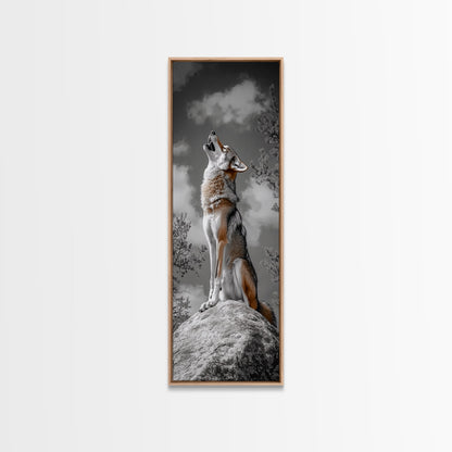 Howling Coyote on Rock Framed Canvas Print | Rustic Western Wall Art | Wildlife Painting | Moody Art | Farmhouse Decor | Gift Idea