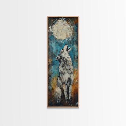 Full Moon Howling Wolf Canvas Print moody art, celestial wall art, nighttime painting, rustic decor, mountain painting, above bed wall art, blue and green wall art, bedroom art, southwest wall art