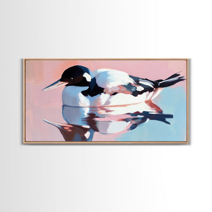 Waterfowl Reflection, bird art, lake Tahoe art, coastal painting, wildlife decor, pink orange wall art, framed canvas print