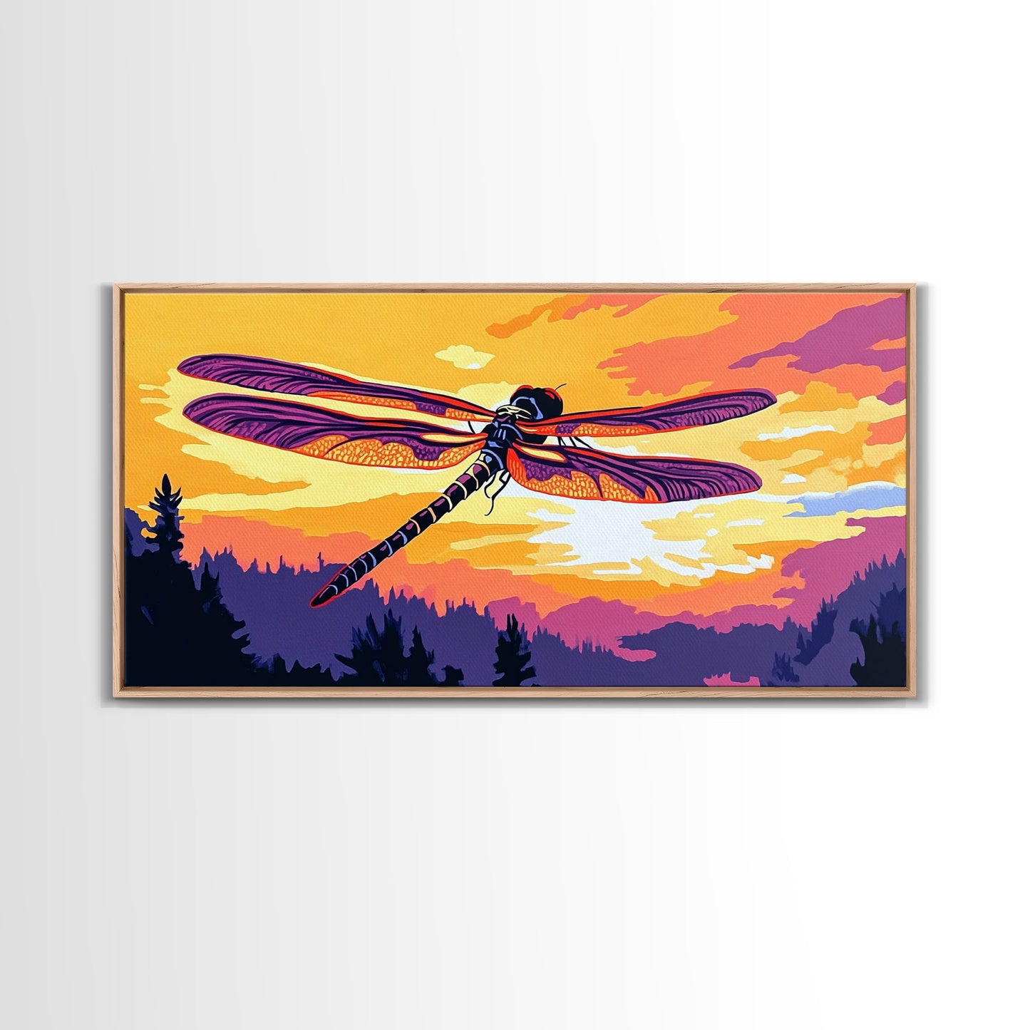 Dragonfly Glow, whimsical art, nature painting, wildflower painting, botanical prints, pink orange wall art, framed canvas print