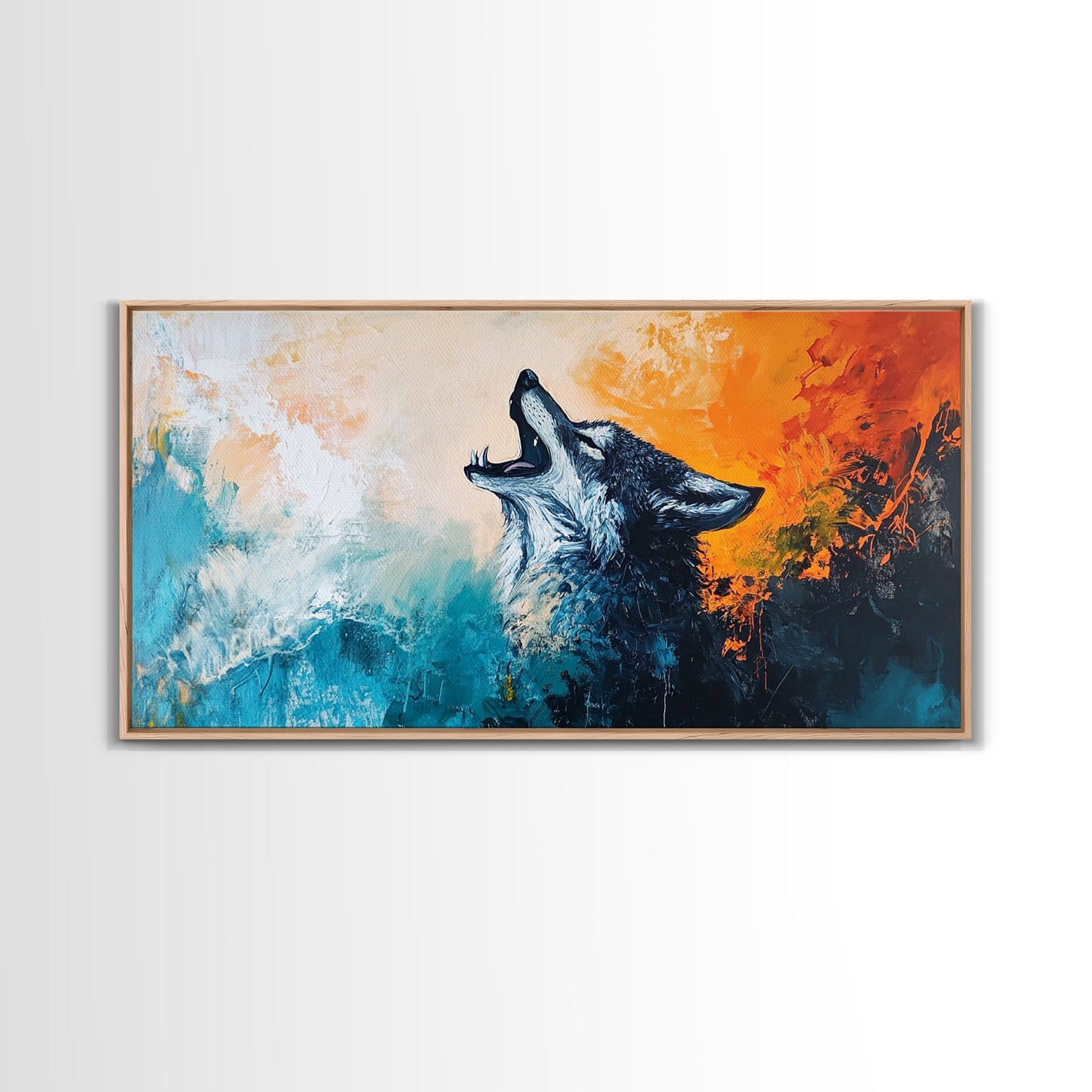 Howling Wolf Art, Framed Canvas Print, Southwest Wall Art, Moody Art, Rustic Decor, Extra Wide Art, Above Couch Art, Wildlife Painting