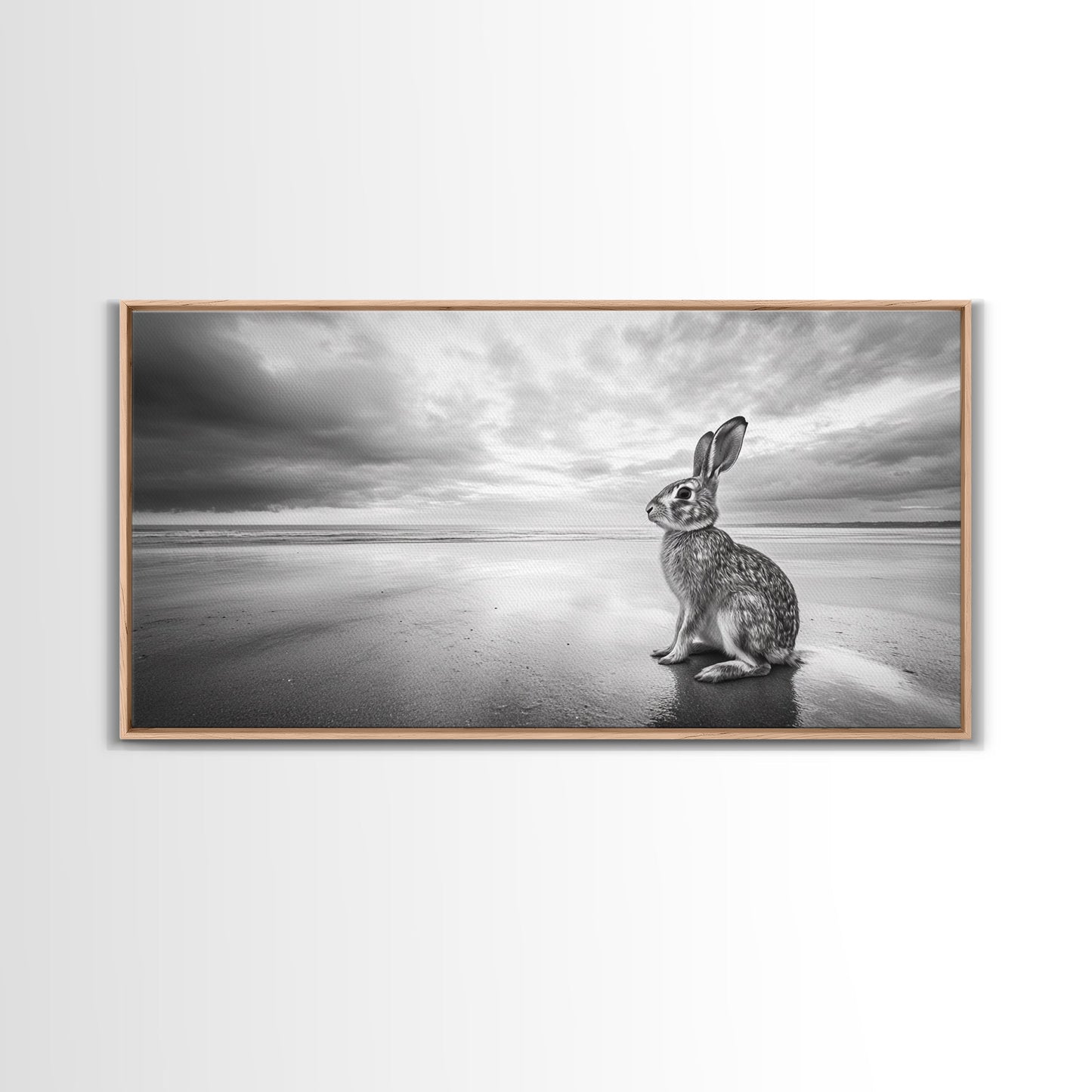 Rabbit Beach, whimsical art, coastal decor, animal painting, nature wall art, moody art, soft neutral tones, beach photography, Canvas Print