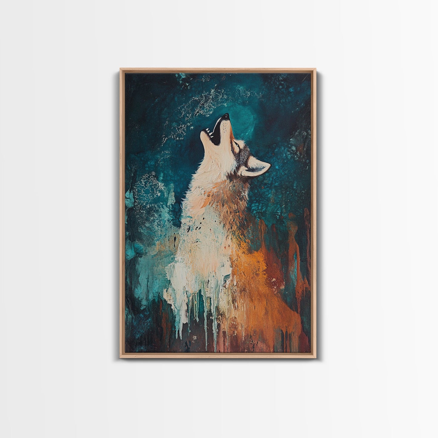 Abstract Wolf, howling at moon, moody blue tones, modern rustic art, wildlife painting, framed canvas print, dark romance painting