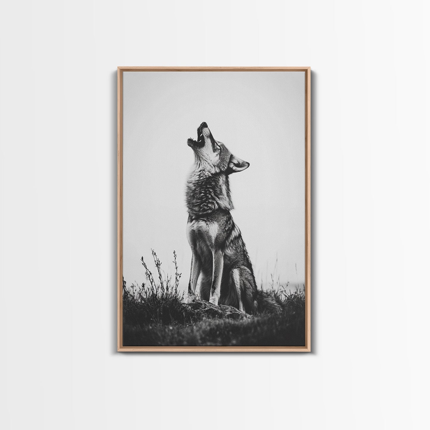 Howling Wolf, wildlife art, moody art, rustic decor, nature photography, black and white animal print, framed canvas print, minimalist art