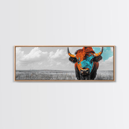 Bison Portrait, Southwest Wall Art, Buffalo Art, Native American Art, Moody Art, Panoramic Art, Rustic Decor, Framed Canvas Print
