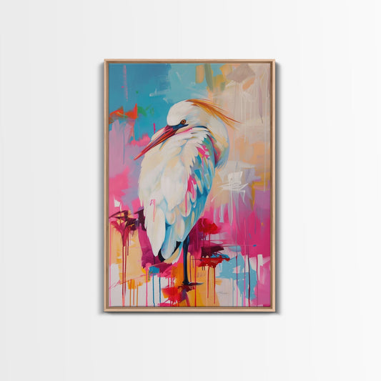 Elegant White Bird in Colorful Abstract Background - Framed Canvas Print, Bird Decor Modern Art for Living Room Vibrant Wall Art for Bedroom